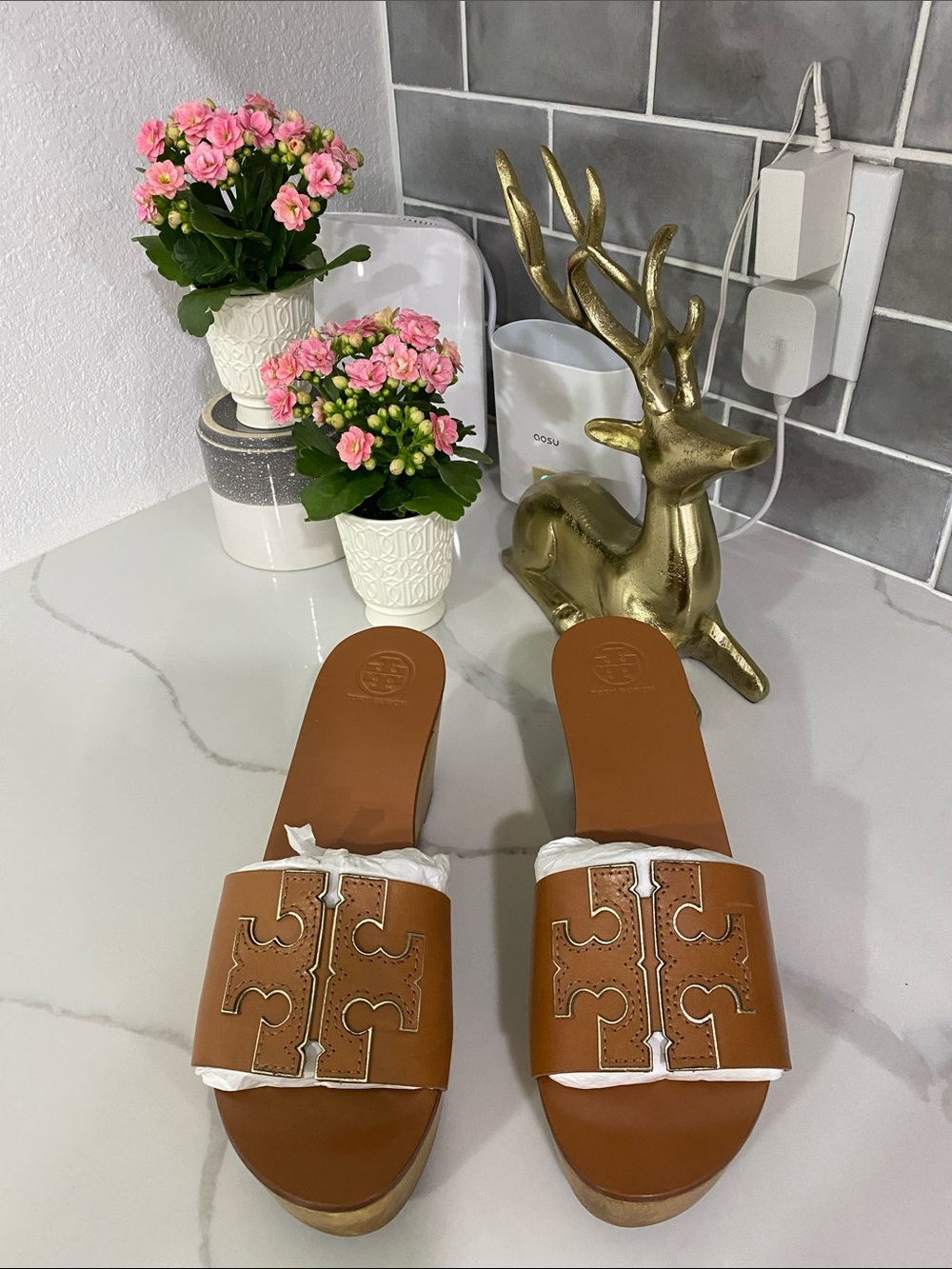 Tory Burch Tan Leather Logo Slide Mules - Picture 1 of 5